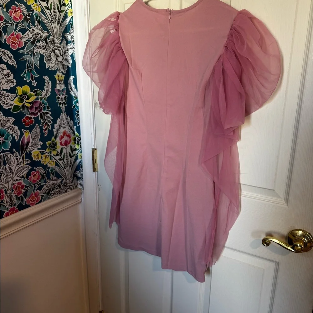 Women's Elegant Contrast Mesh Gigot Sleeve Bodycon Party Dress Pink Medium - Picture 8 of 10